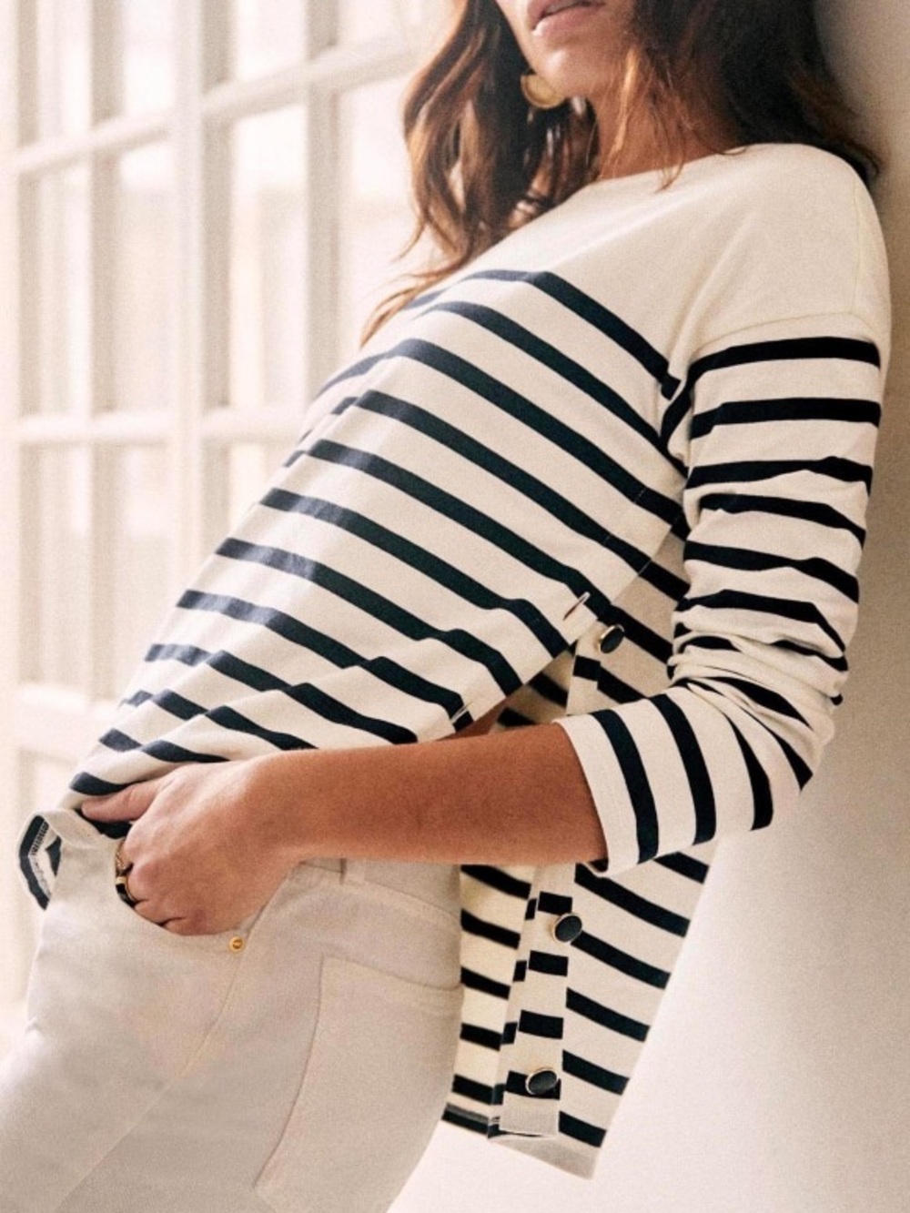 Sézane Noan Marinière - navy and white boatneck striped top, Size L